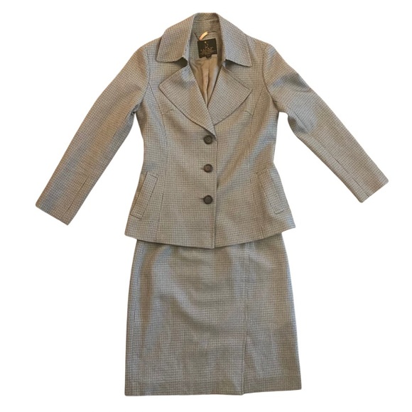 Vintage Green/Brown/White Houndstooth Print Button Down Skirt Suit (Small/Med) - Picture 2 of 12